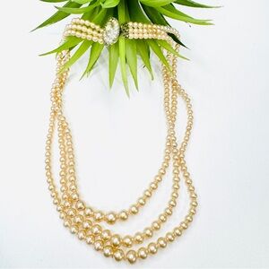 Vintage 16" Dark Champagne Faux Pearl Plastic 3 Tier Graduated Beaded Necklace